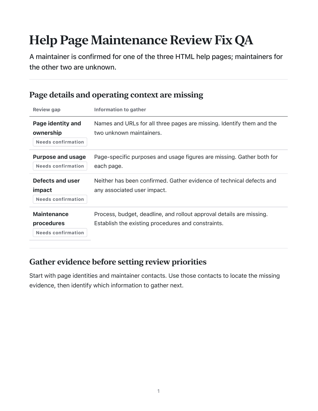 A one-page maintenance review produced during HTMLoop QA, with missing information clearly marked.
